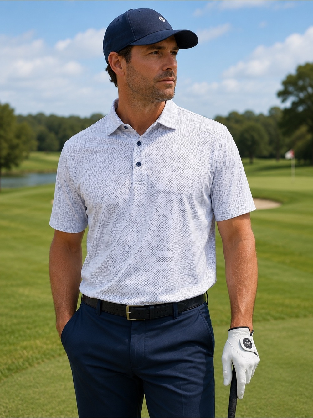 Rory Whelan Golf Performance Polo Shirt White Navy Micro Dot XL